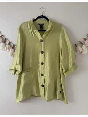 Ali Miles Sheen Green Button Up Tunic Top Lagenlook Career Wear Artsy Dressy XL